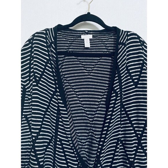 Chicos 2 Womens Large Open Cardigan Geometric Stripe Print Black Cotton - Picture 2 of 6